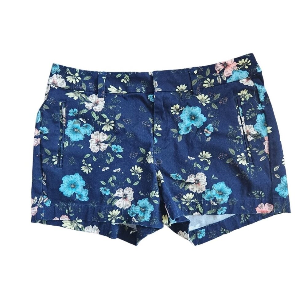 ANA Navy Blue Floral Print Womens Shorts With Pockets Mid-Rise Casual Fit Cotton